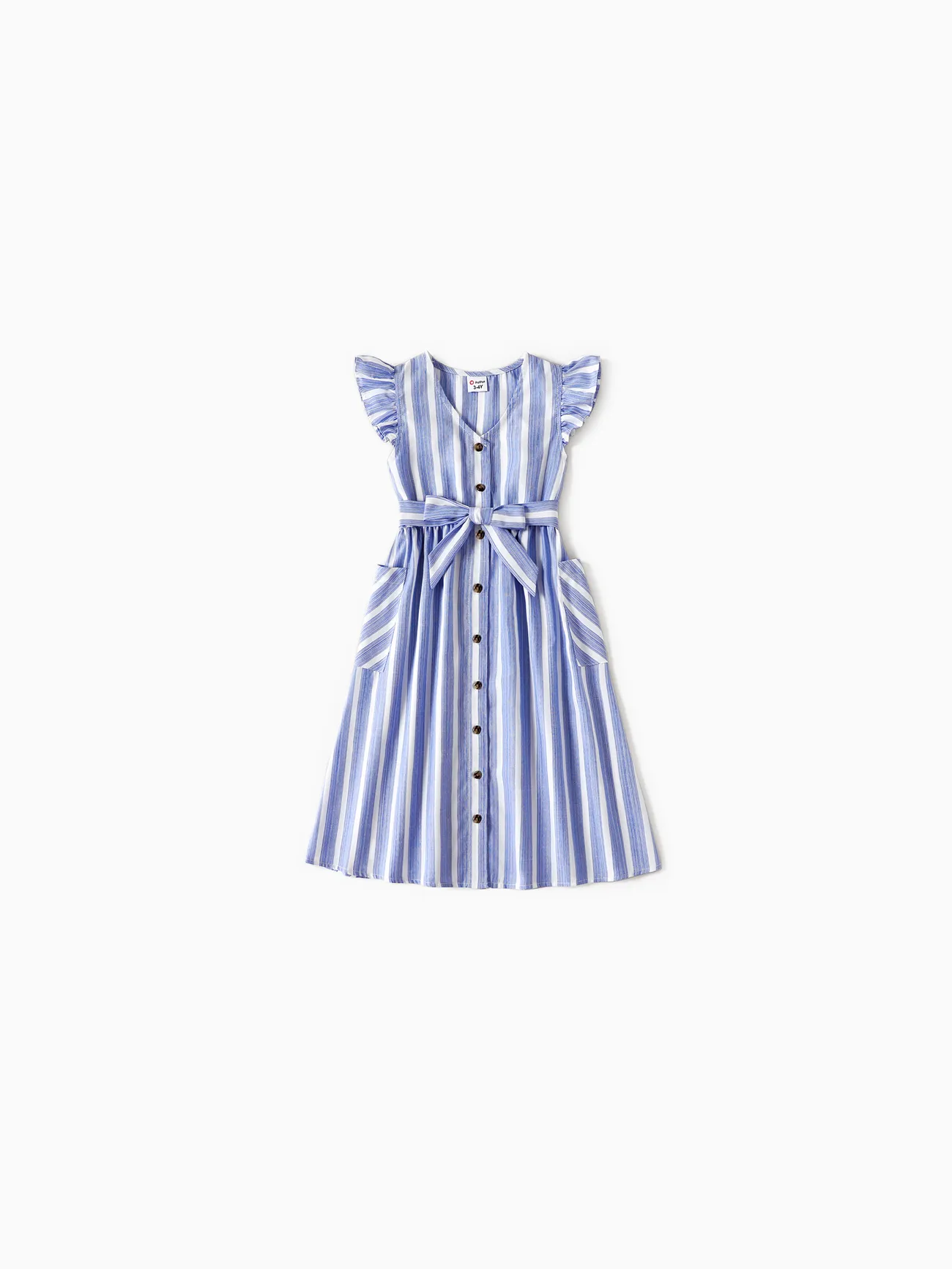 Girl - Family Matching Sets Short-sleeve T-shirts or Blue Striped V Neck Drop Shoulder Button Up Belted Dresses with Pockets - Blue - image 6