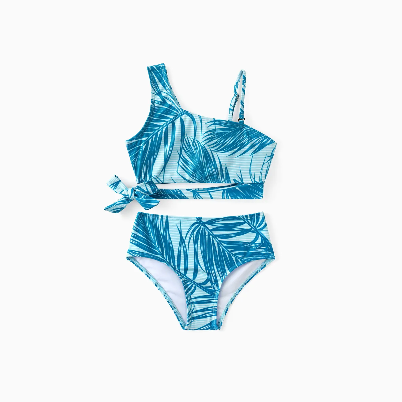 Family Matching Leaf Pattern Drawstring Swim Trunks or One-Shoulder Bikini with Removable Strap