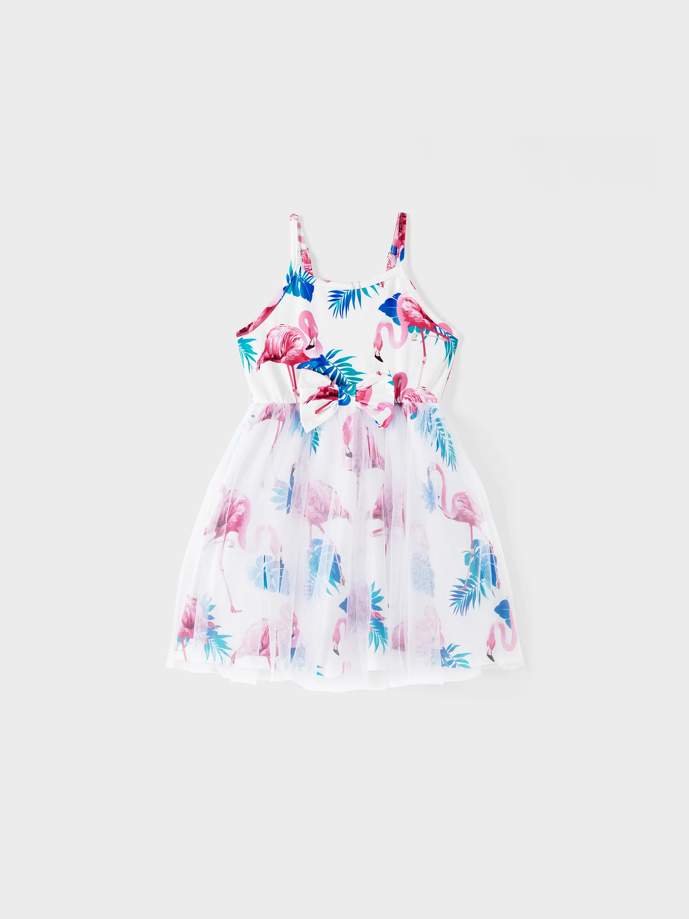 

Family Matching Sets Color Block Short-Sleeve Tee and Flamingo Print Ruched Strap Drawstring Sides Strap Dress