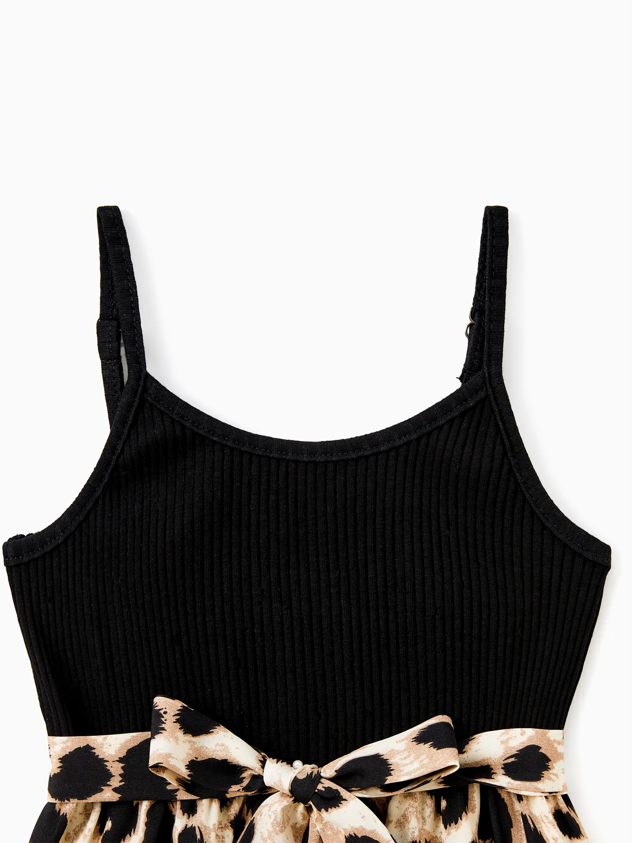 Girl - Family Matching 95% Cotton Short-sleeve T-shirts and Rib Knit Spliced Leopard Belted Cami Dresses Sets - Black - image 8