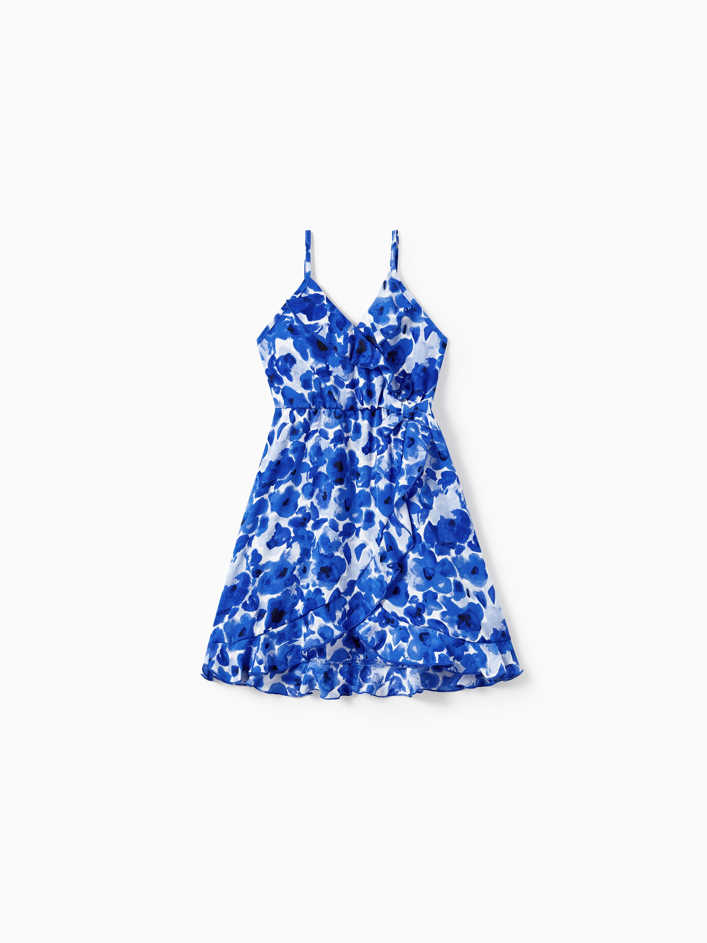 

Mommy and Me Blue Floral Wrap Front Flounce Trim Strap Dress
