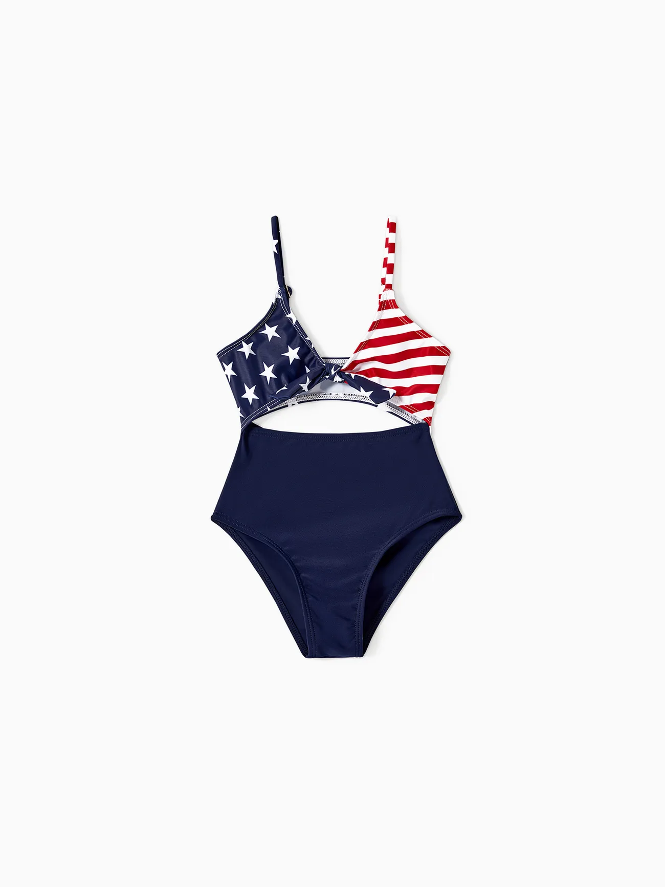 Independence Day Family Matching Star & Striped Spliced Knot Front Cut Out One-piece Swimsuit or Swim Trunks Shorts