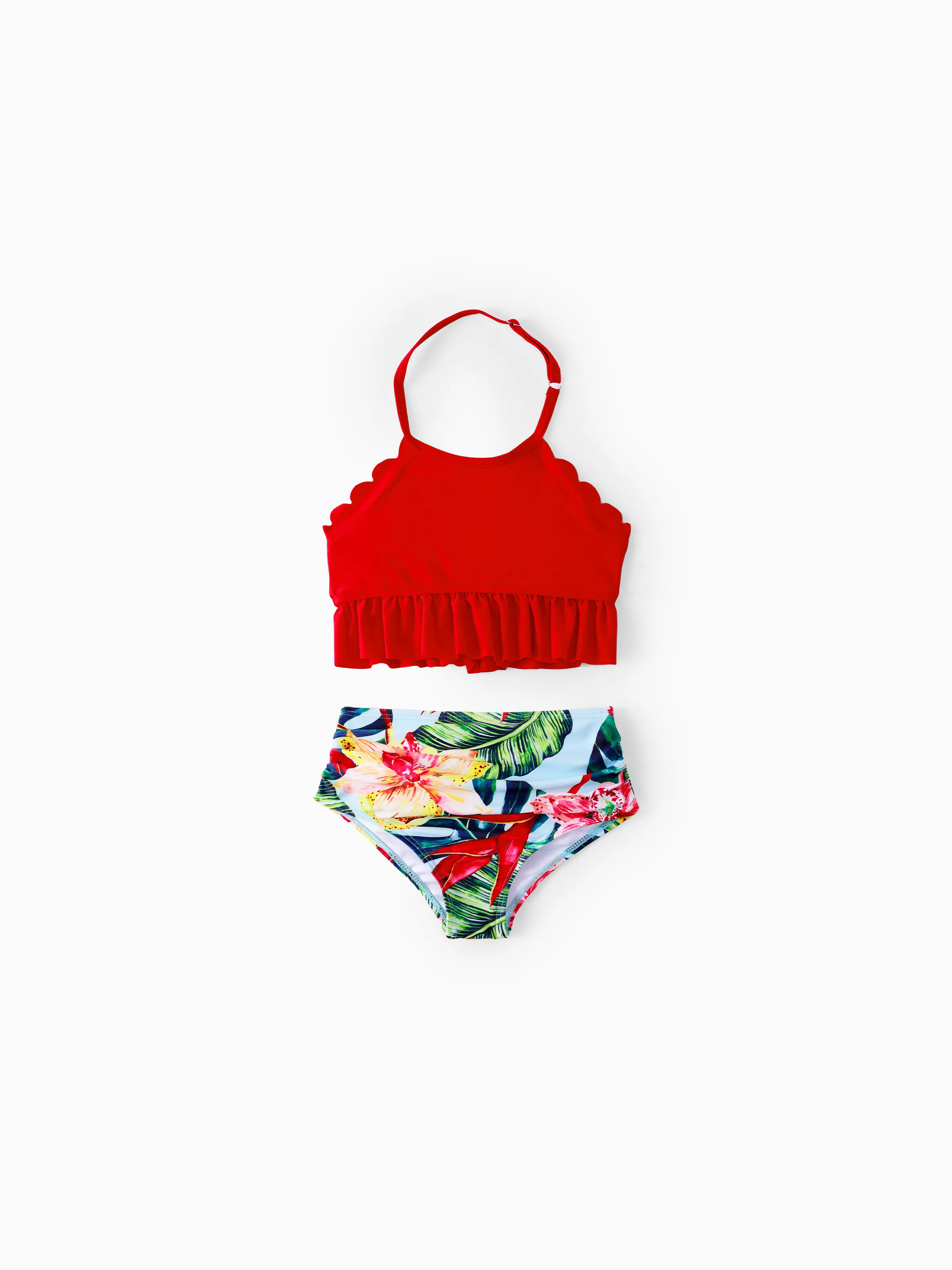 

Family Matching Floral Drawstring Swim Trunks or Ruched Shell Edge Bikini with Optional Swim Cover Up