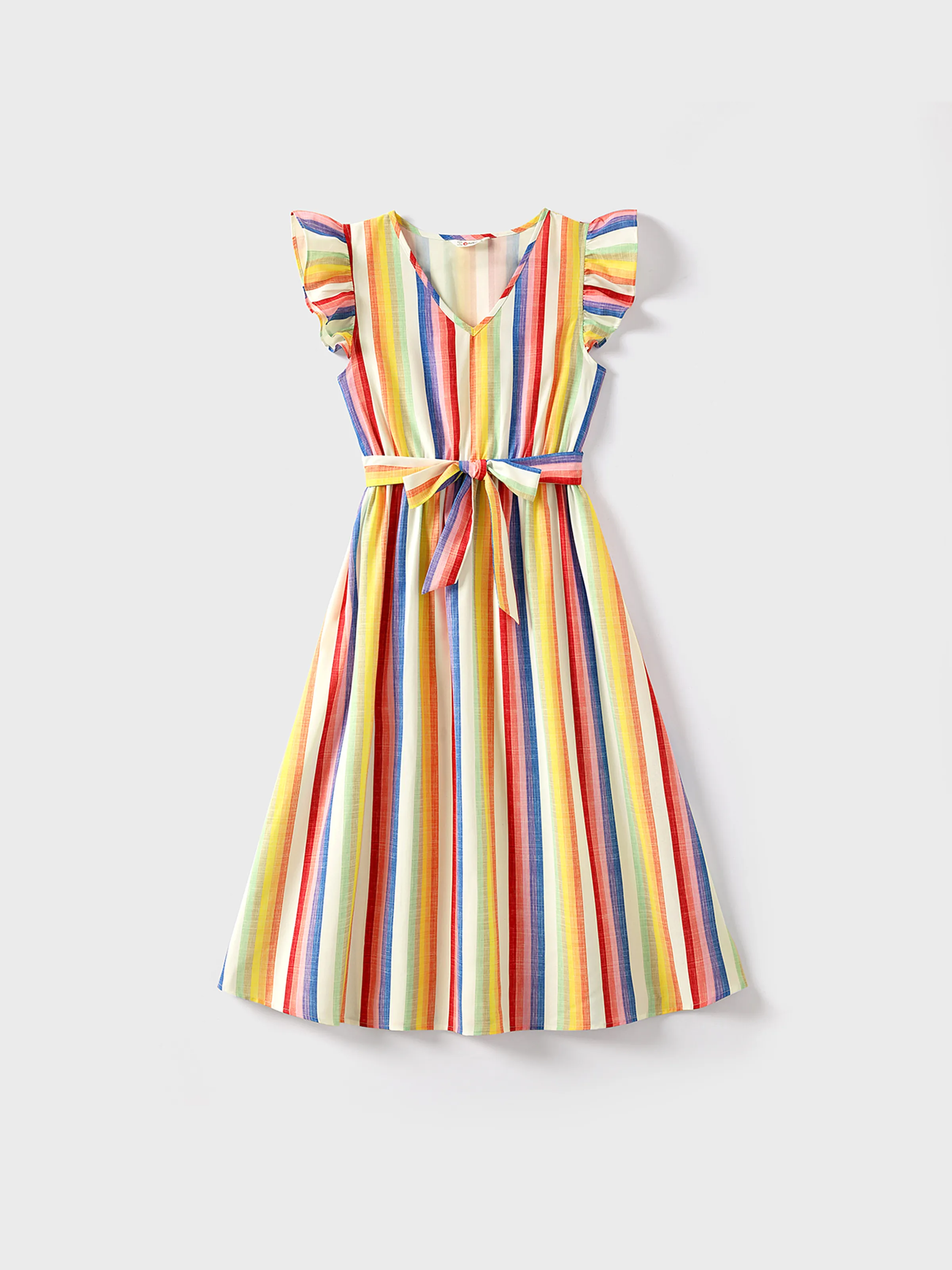 

Family Matching Colorful Striped V Neck Flutter-sleeve Dresses and Short-sleeve T-shirts Sets