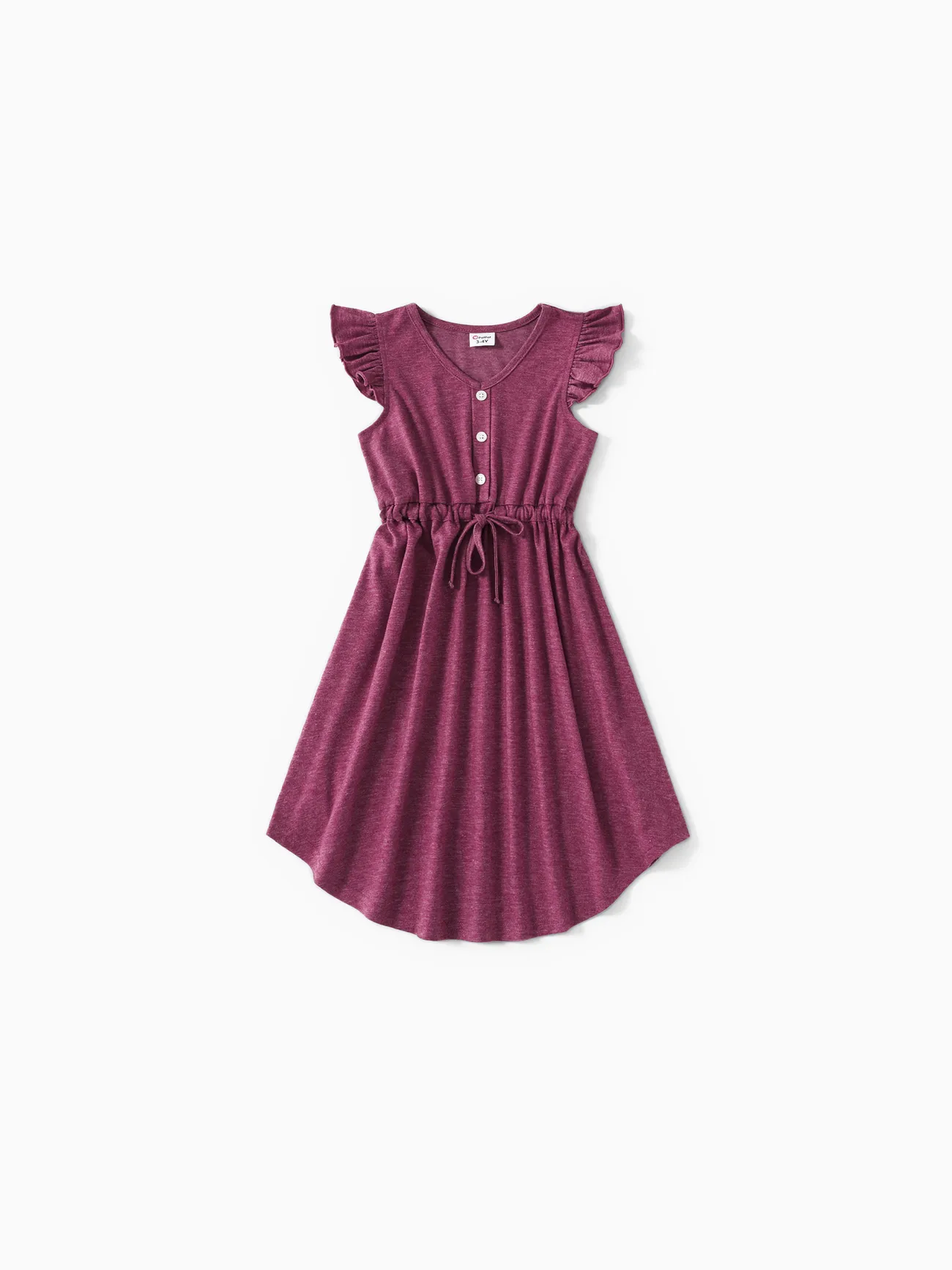 Girl - Family Matching Solid V Neck Sleeveless Button Up Drawstring Dresses and Striped Colorblock Short-sleeve T-shirts Sets - deeppurple - image 6