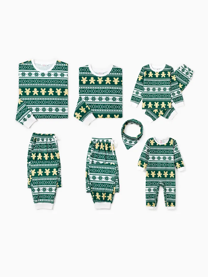 Christmas Family Matching Green Snowflake/Gingerbread Man Pattern Pajamas Sets with Pockets and Drawstring 