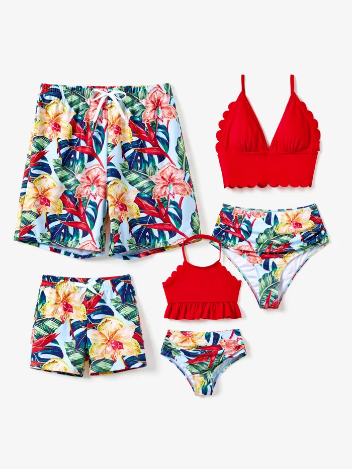 Passende Familien-Badehose mit floralem Kordelzug oder geraffter Shell-Edge-Bikini mit optionalem Swim Cover Up