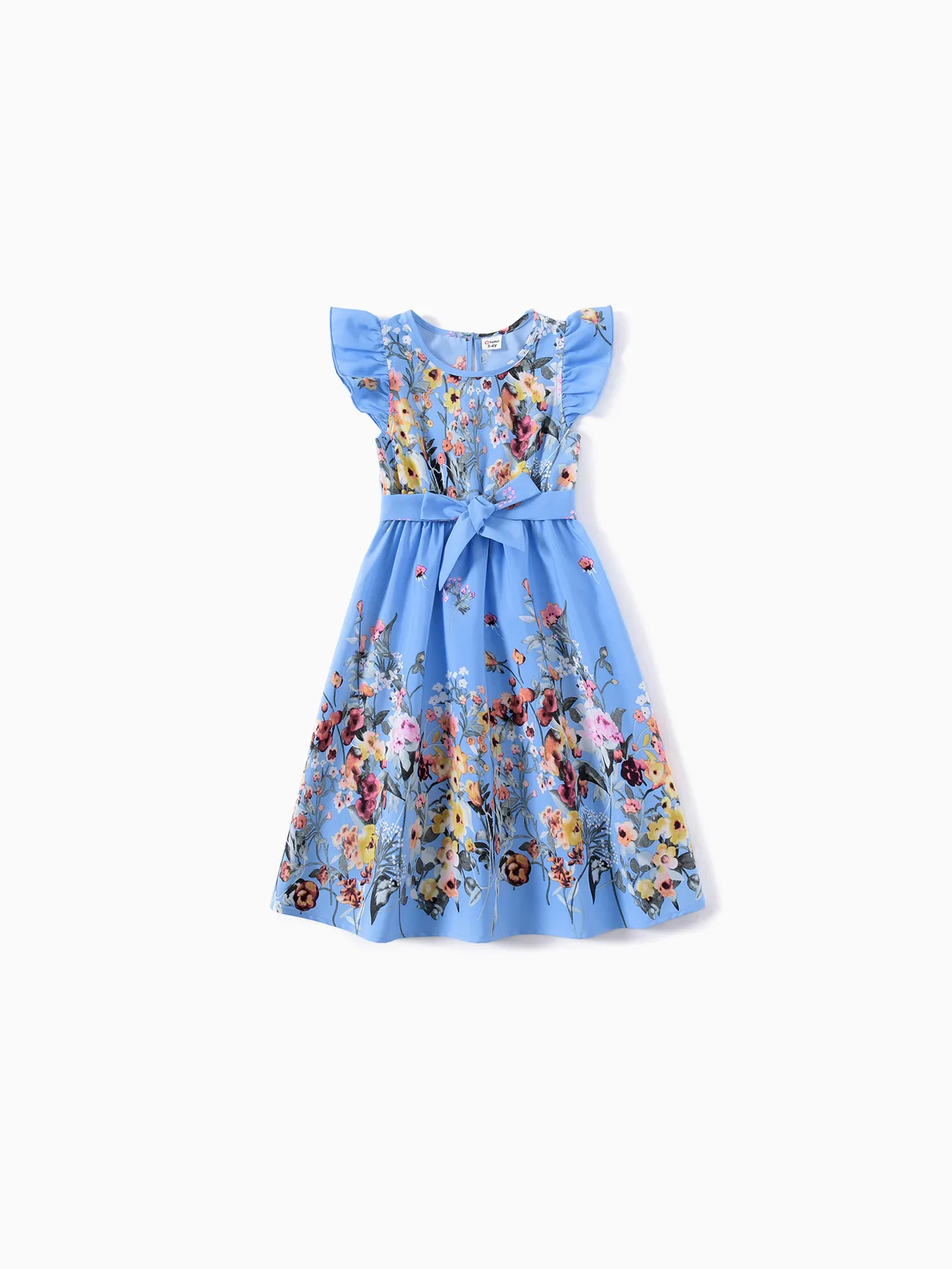 Family Matching Floral Print Ruffle-sleeve Belted Midi Dresses and Striped Short-sleeve T-shirts Sets