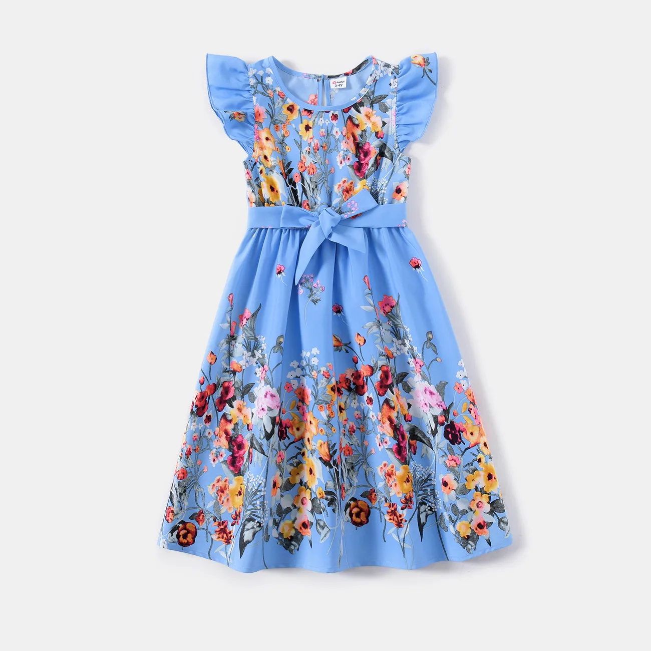 Family Matching Floral Print Ruffle-sleeve Belted Midi Dresses and Striped Short-sleeve T-shirts Sets