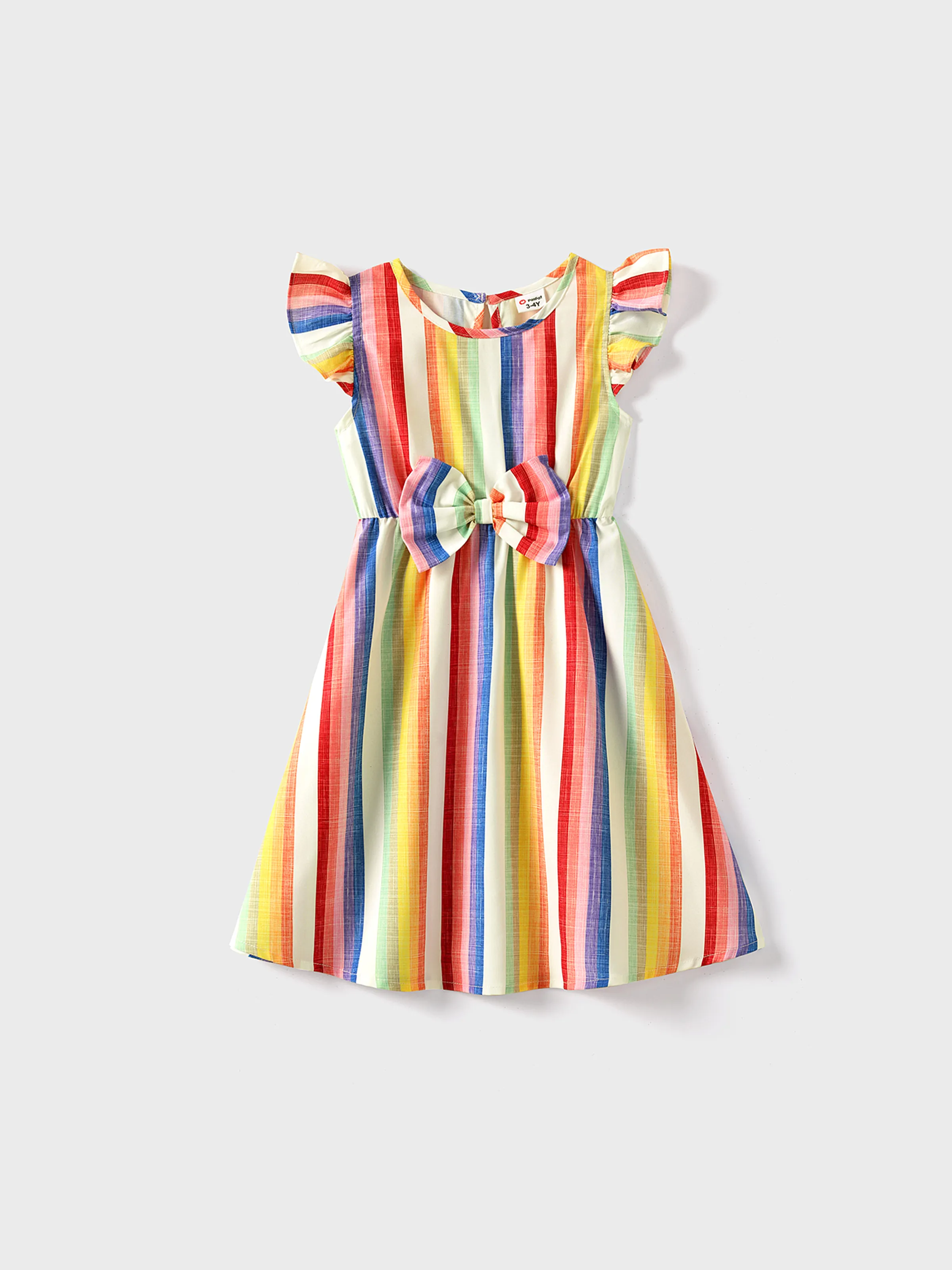 Family Matching Colorful Striped V Neck Flutter-sleeve Dresses and Short-sleeve T-shirts Sets