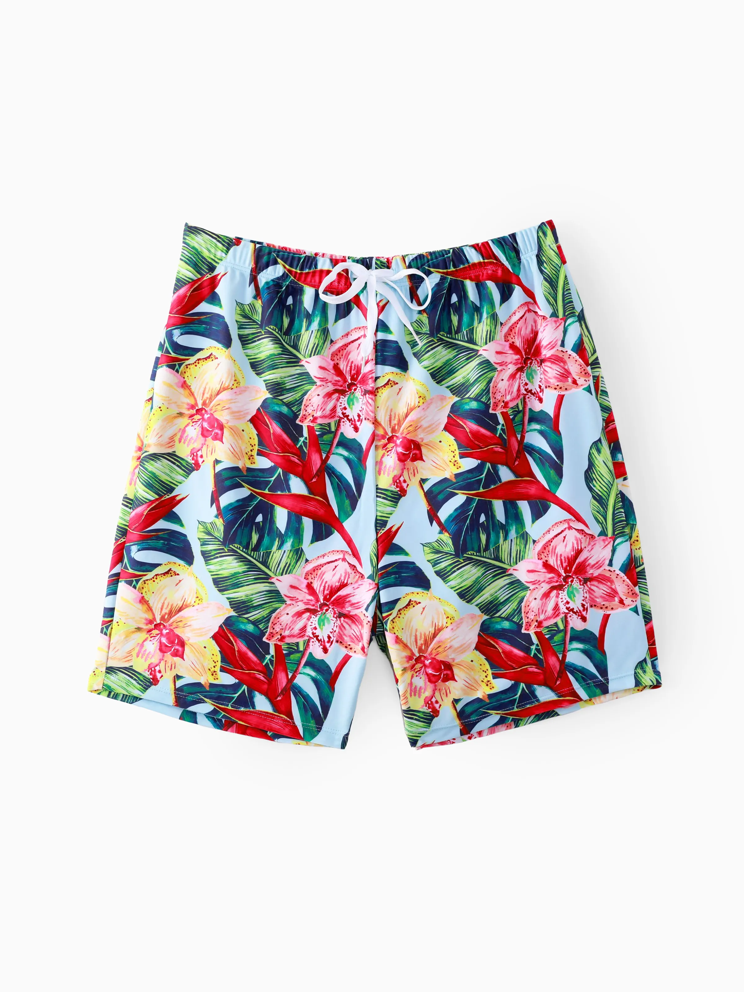 

Family Matching Floral Drawstring Swim Trunks or Ruched Shell Edge Bikini with Optional Swim Cover Up