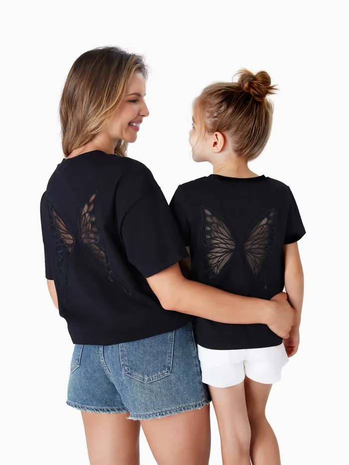 Mommy and Me Black Mesh Butterfly Wing Pattern Top in cotone a maniche corte