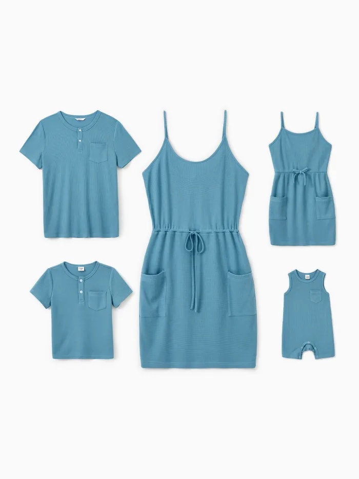 Family Matching Sets Blue Waffle Knit Henley Neck Button Top or String Waist Strap Dress with Pockets