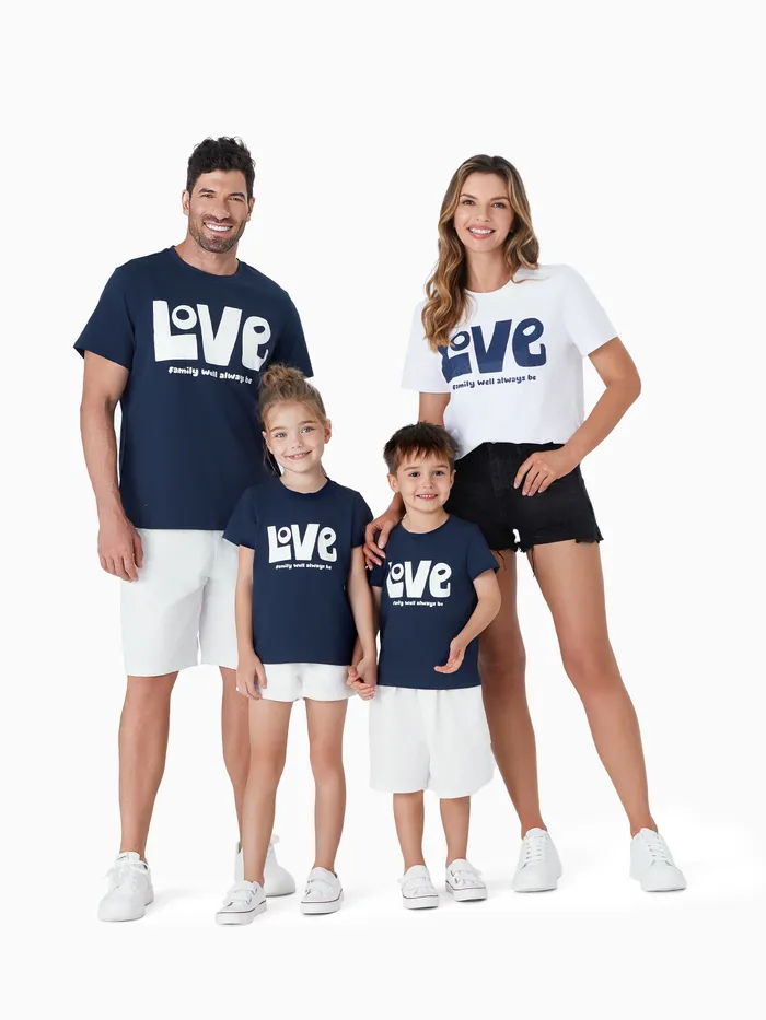 Family Matching Love Theme Slogan Print Solid Color Short Sleeves Cotton Tops 