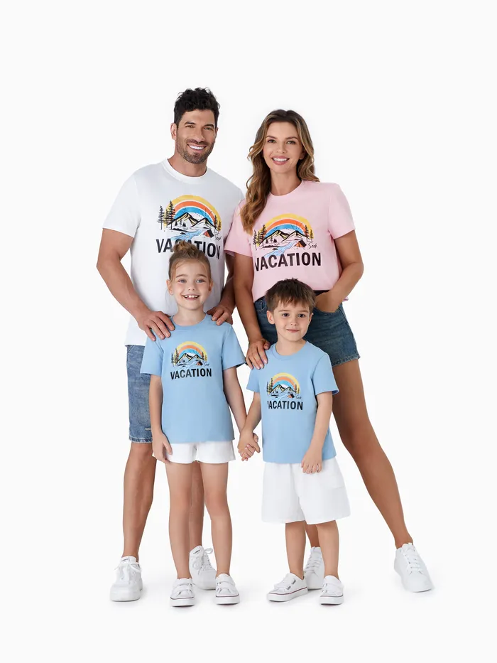  Quick-Dry Family Matching Vacation Text Rainbow Mountain Graphic Tee