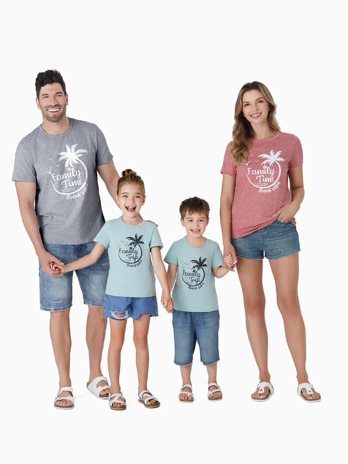 Family Matching 95% Cotton Short-sleeve Coconut Tree & Letter Print T-shirts
