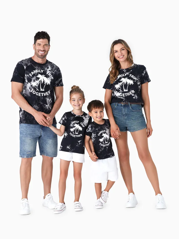 Family Matching Coconut Tree Pattern Tie-Dye Short Sleeves Vacation Tops