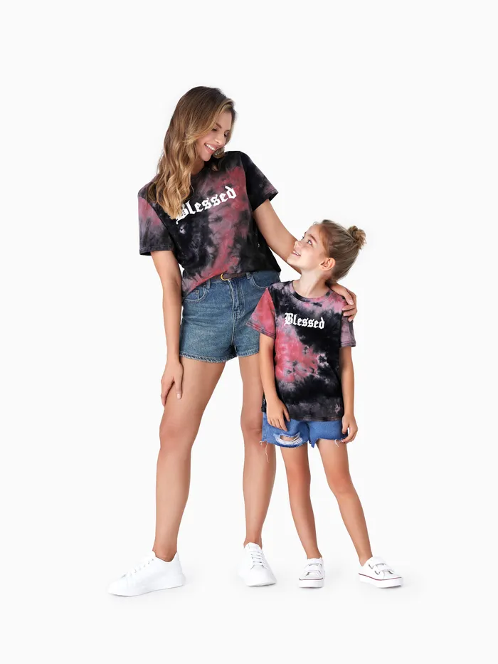 Mommy and Me Blessed Theme Tie-Dye Mangas Cortas Tops De Algodón