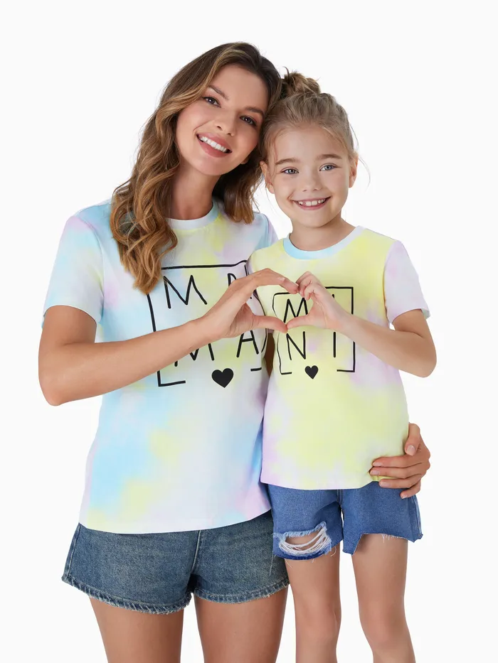 Camiseta de manga corta con estampado de letras y teñido anudado de 95 % algodón Mami y yo