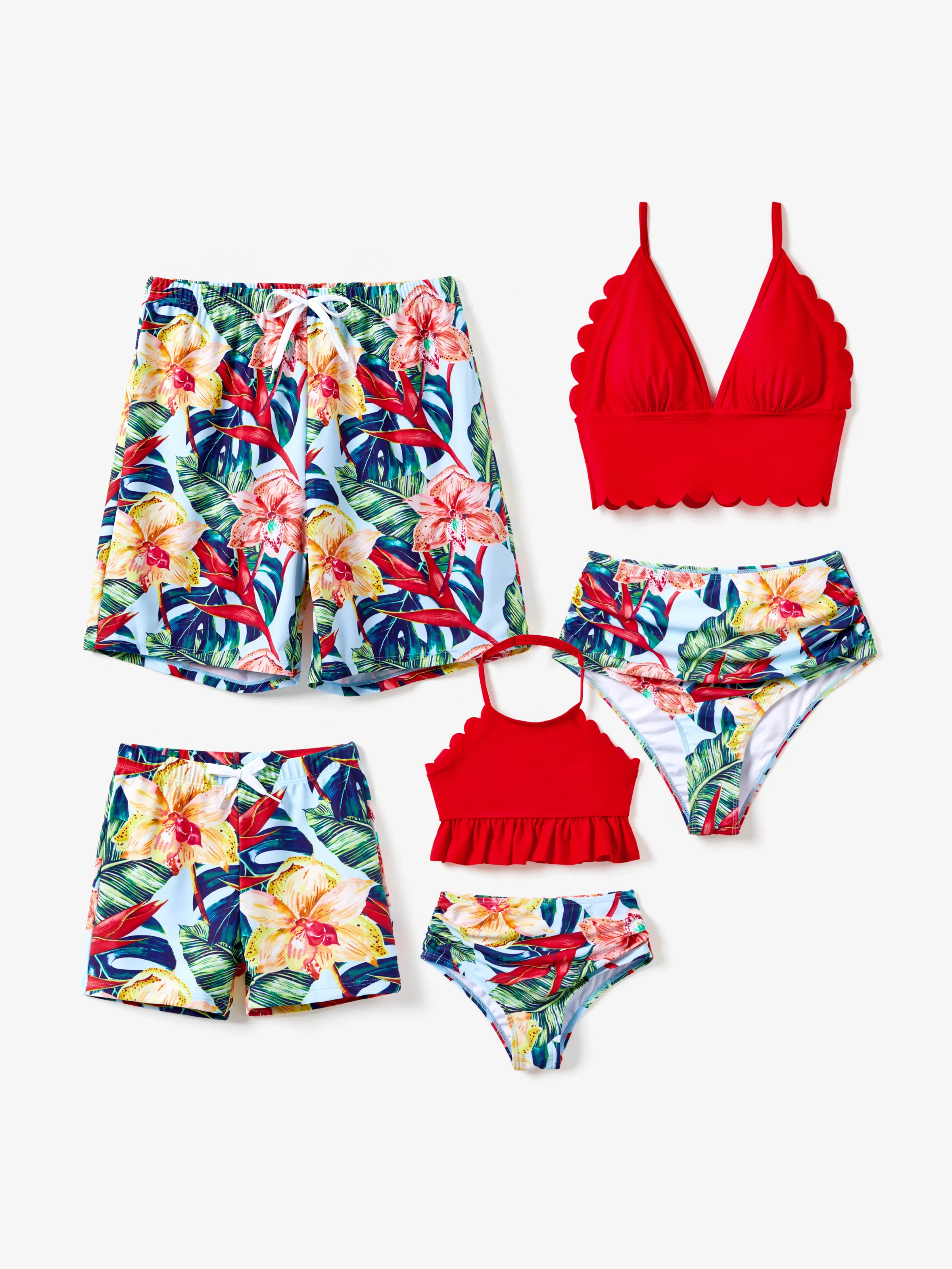 Family Matching Floral Drawstring Swim Trunks or Ruched Shell Edge Bikini with Optional Swim Cover Up