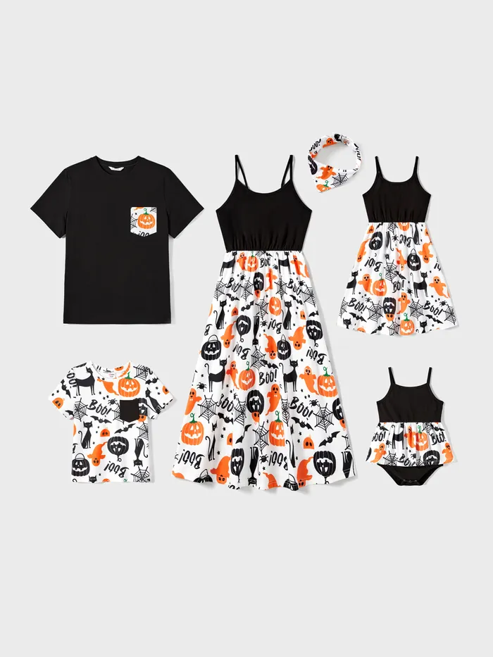 Halloween Fmaily Matching  Spaghetti Strap Pumpkin Sleeveless Dresses and Short Sleeve Tops Sets
