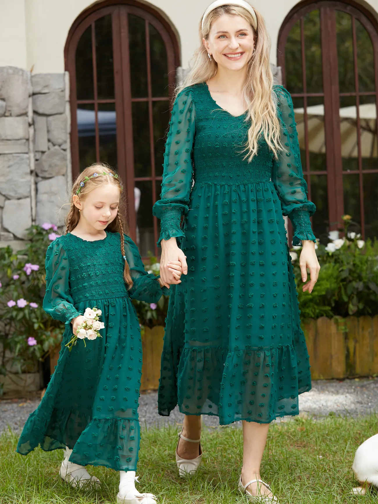 Mom and Daughter Same Dress - Green Swiss Dots Long Sleeves Smocked Dress for Wedding