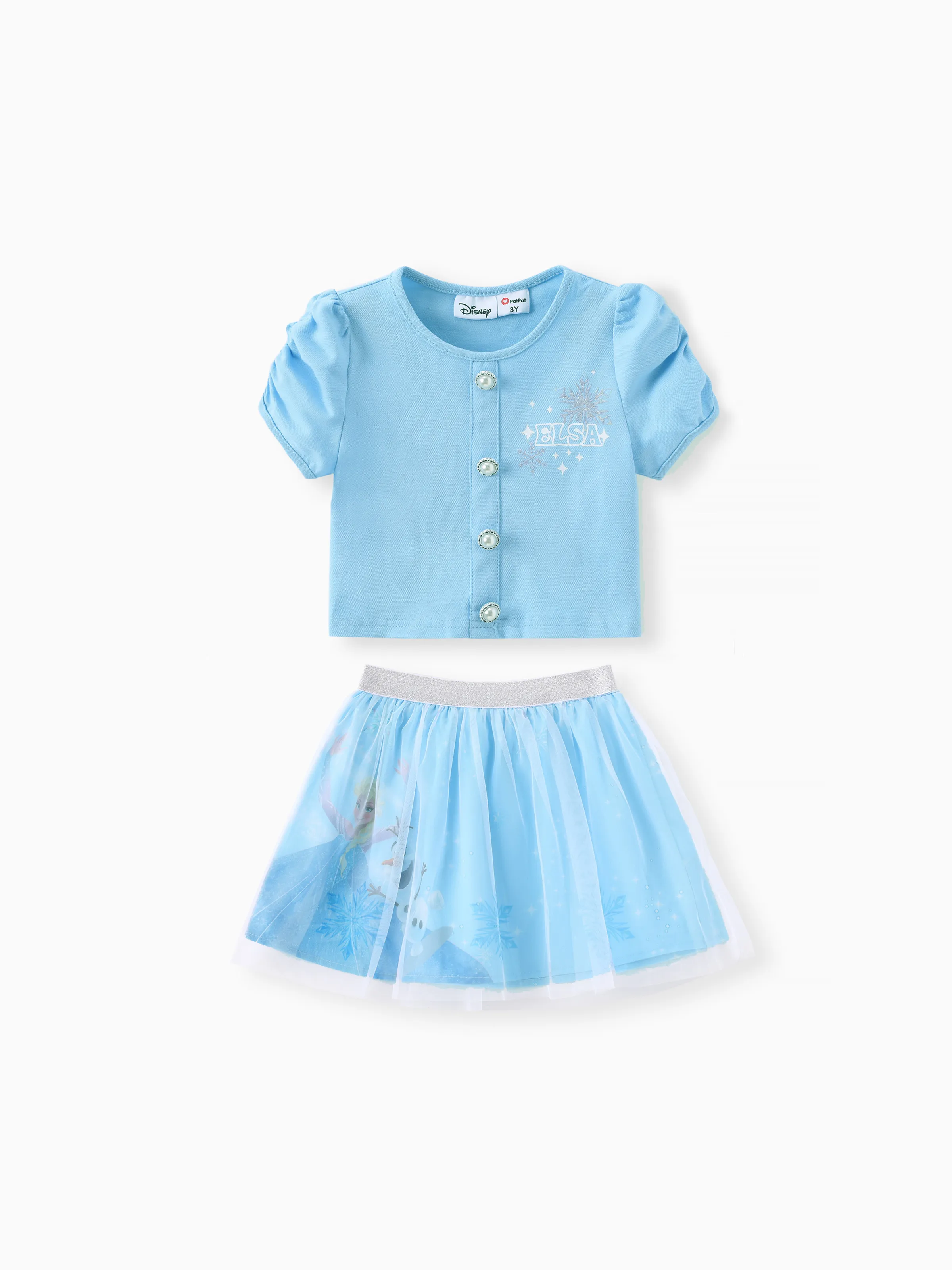 

Disney Frozen Toddler Girls Elsa 2pcs Letter Character Print Puff-sleeve Cotton Top with Mesh Skirt Set