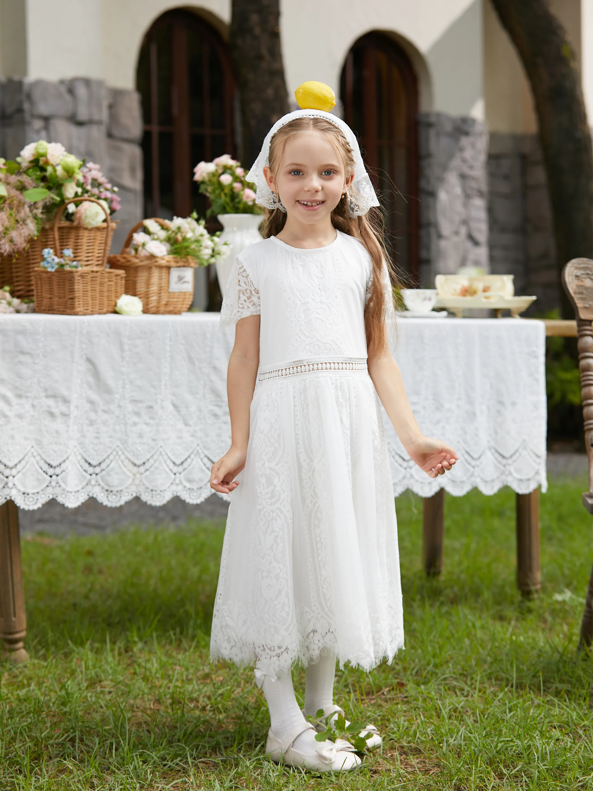 

Mommy and Me White Elegant Lace Design Short Sleeves Dress