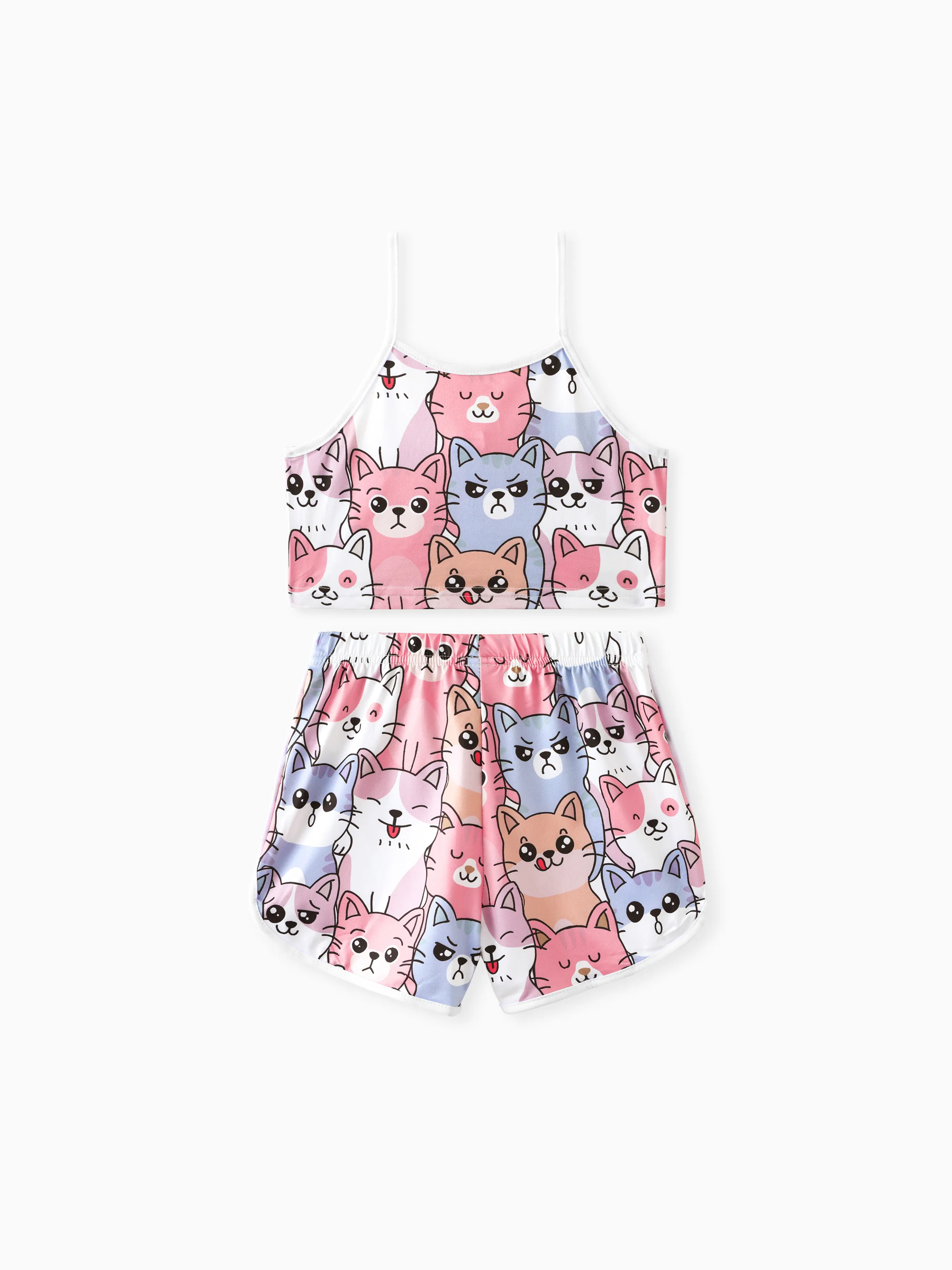 

Kid Girl Cute Cat Print Camisole and Shorts Set