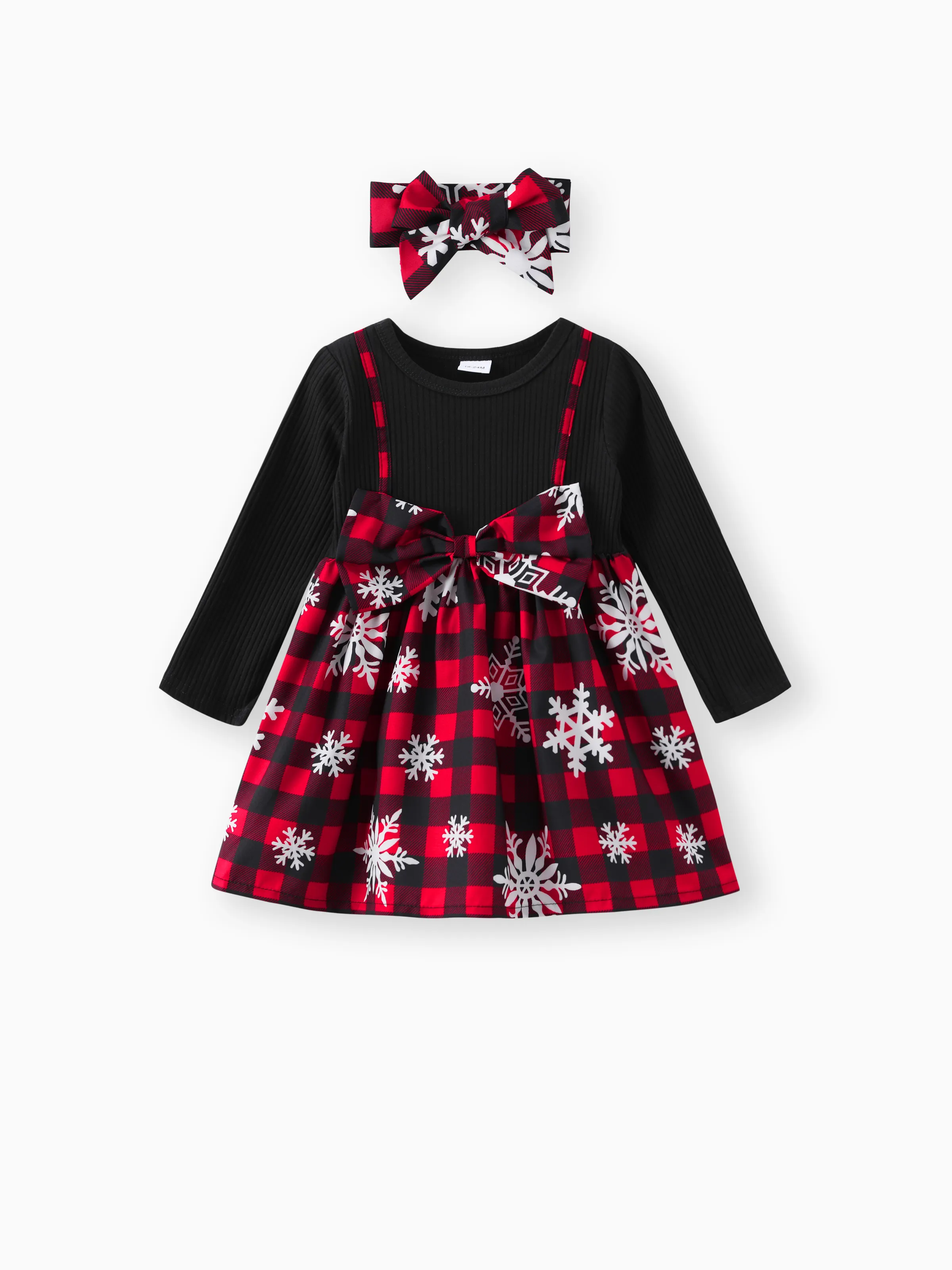 

Toddler Girl Christmas Faux-two Bowknot Design Splice Long-sleeve Dress