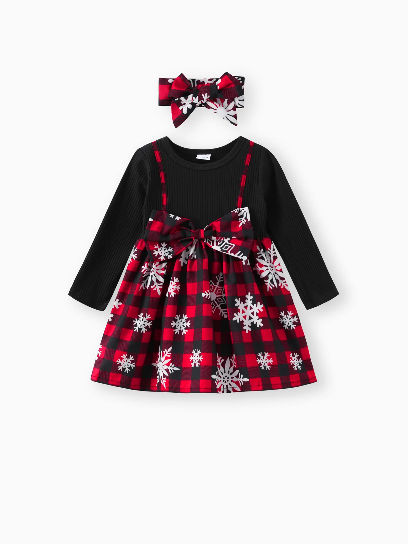 Vestido de manga larga con empalme y diseño de lazo de imitación de Navidad para niña pequeña