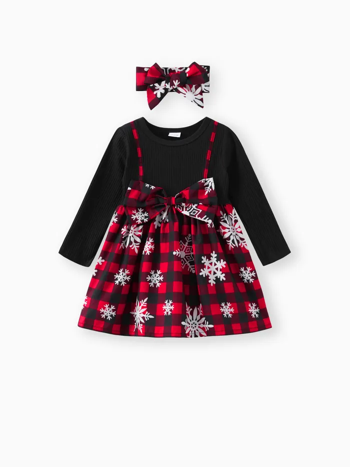 Toddler Girl Christmas Faux-two Bowknot Design Splice Long-sleeve Dress