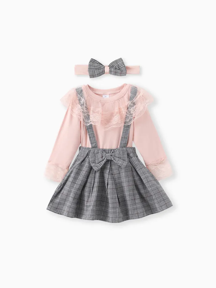 3-piece Baby / Toddler Lace Top and Bow Plaid Strap Skirt Set