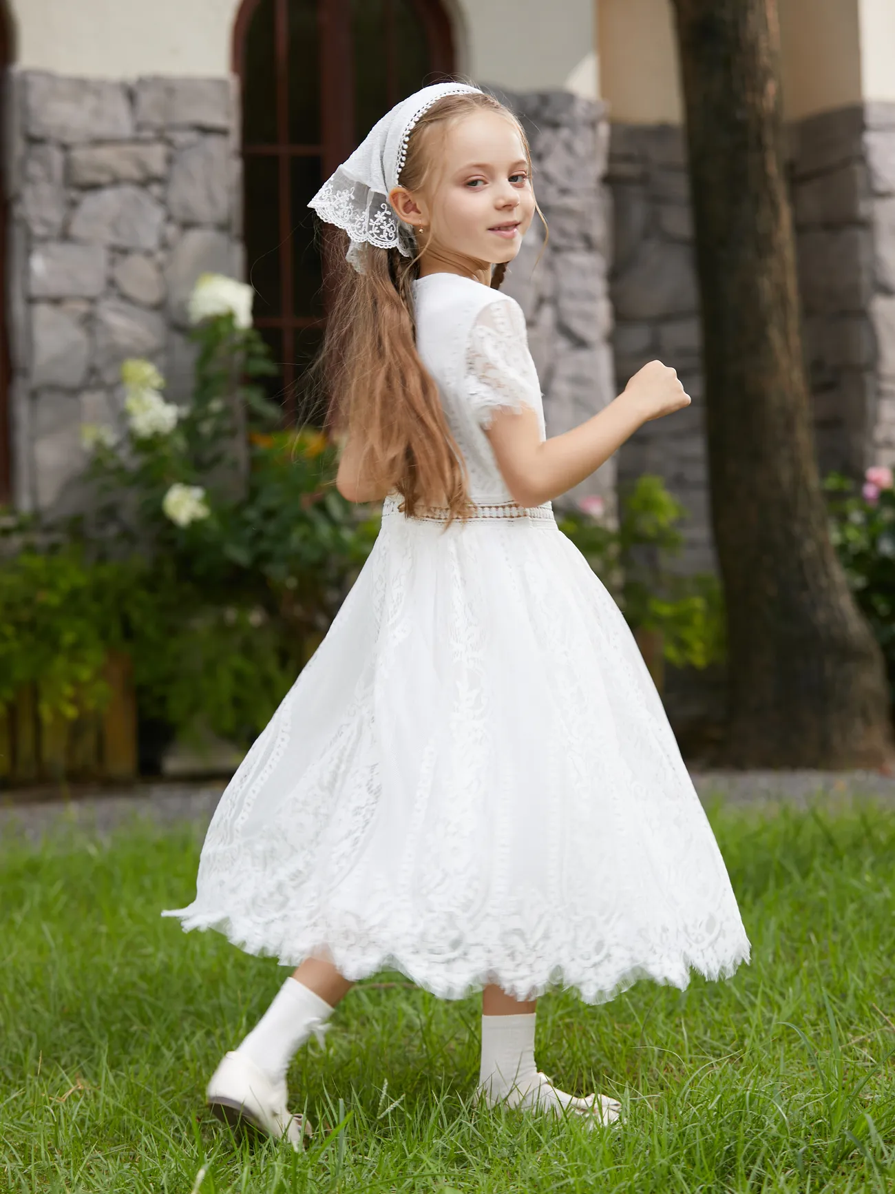 Girl - White Lace Dresses Mommy and Me - Elegant Dresses for Wedding Guest (Short Sleeves) - White - image 8