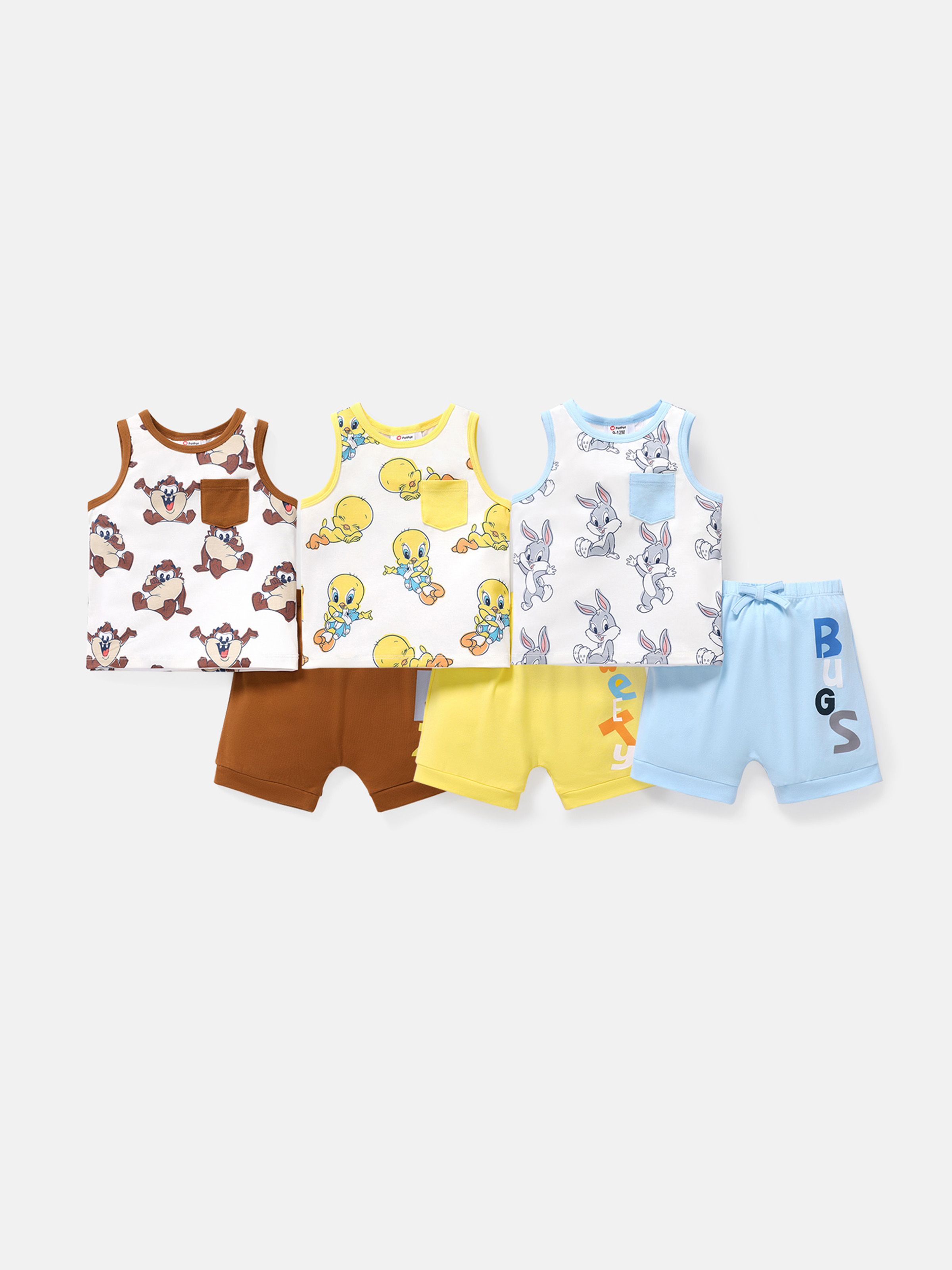 Looney Tunes Baby Boys 2 件通體卡通印花 Naia™ 背心和棉質短褲套裝
