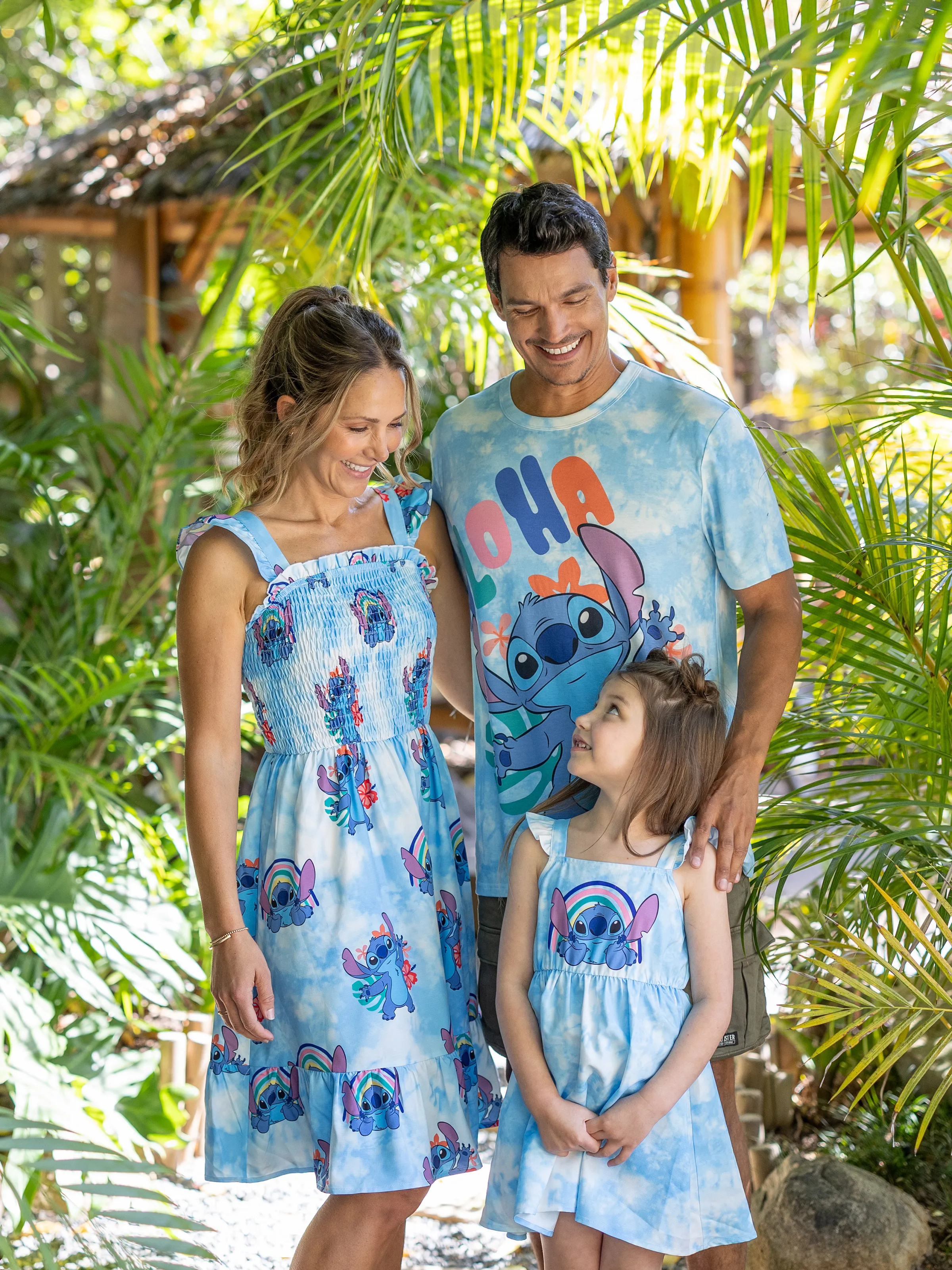 Disney Stitch Family Matching Naia™ 花卉人物印花天藍色扎染無袖連衣裙/連體褲/T 恤