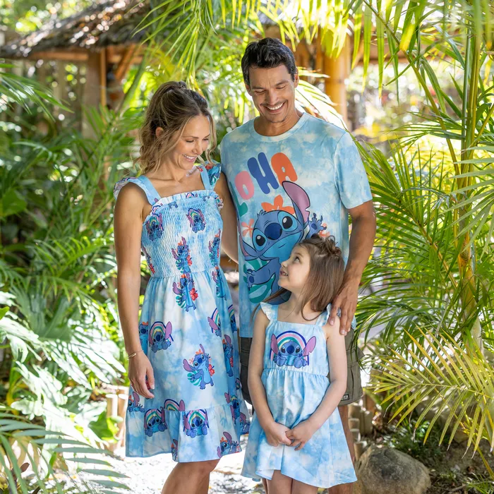 Disney Stitch Família Combinando Naia™ Floral Personagem Estampa Céu Azul Tie-Dye Vestido sem mangas / Romper / Tee