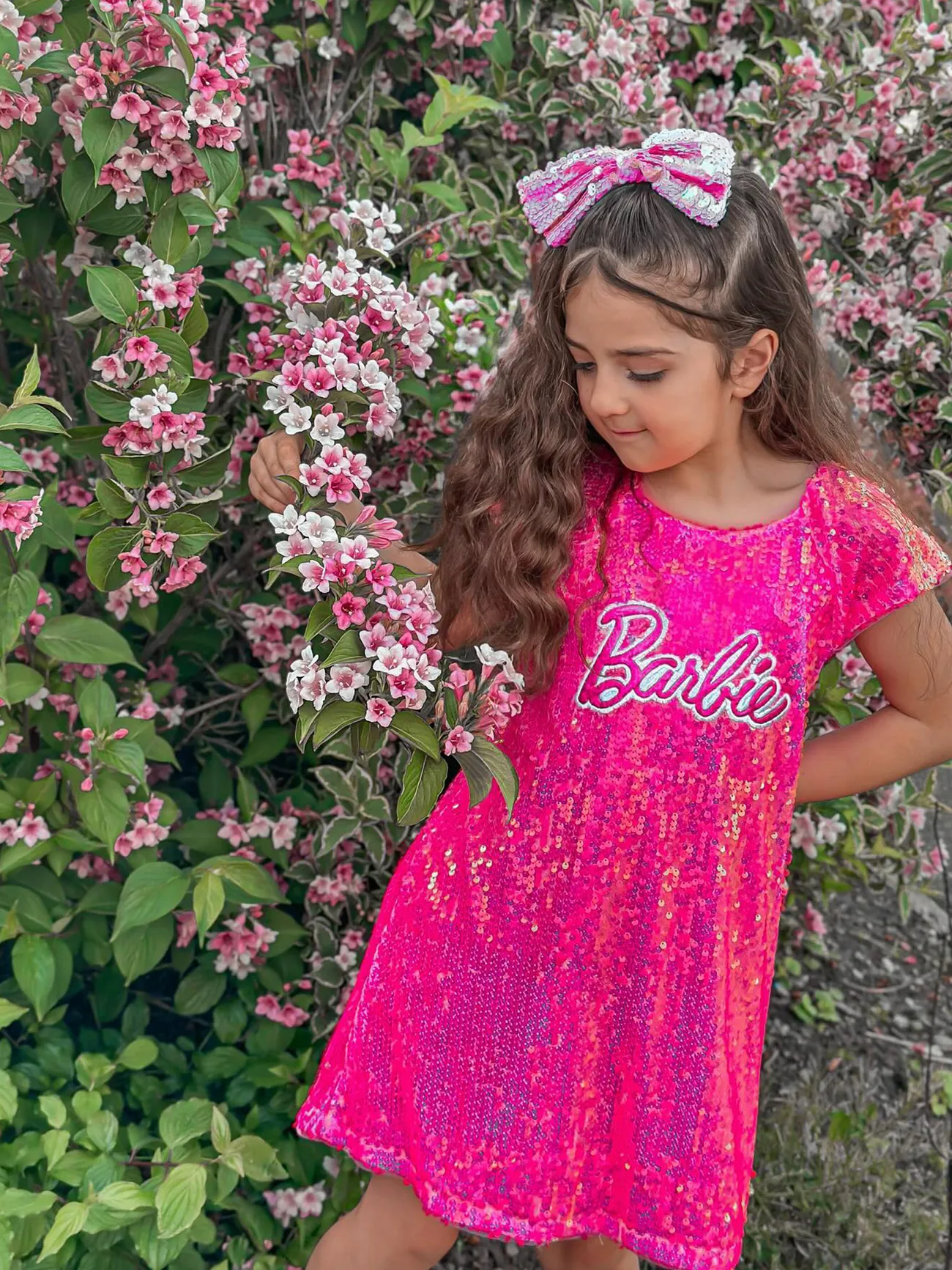 Roseo - Barbie Toddler/Kid Girls 1pc Classic Barbie Letter Print Sequins Flutter-sleeve Dress - image 2