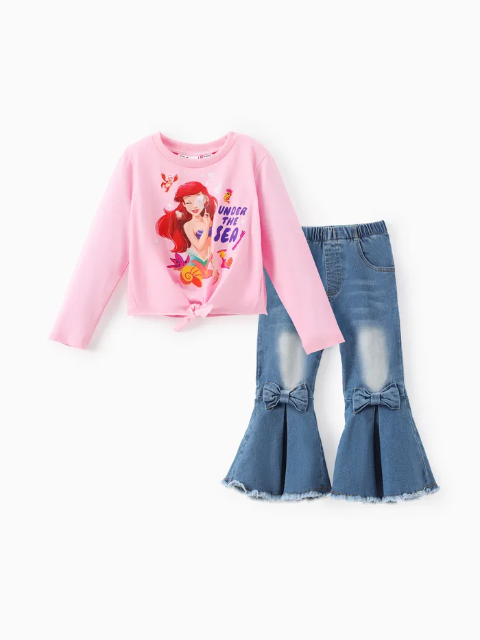Disney Princess Toddler Girl 2pcs Manga comprida Bowknot Top com Cotton Denim Flare Pants Set