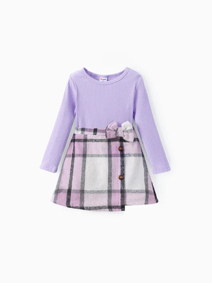 Toddler Girl 2pcs Solid Tee and Grid Skirt Set