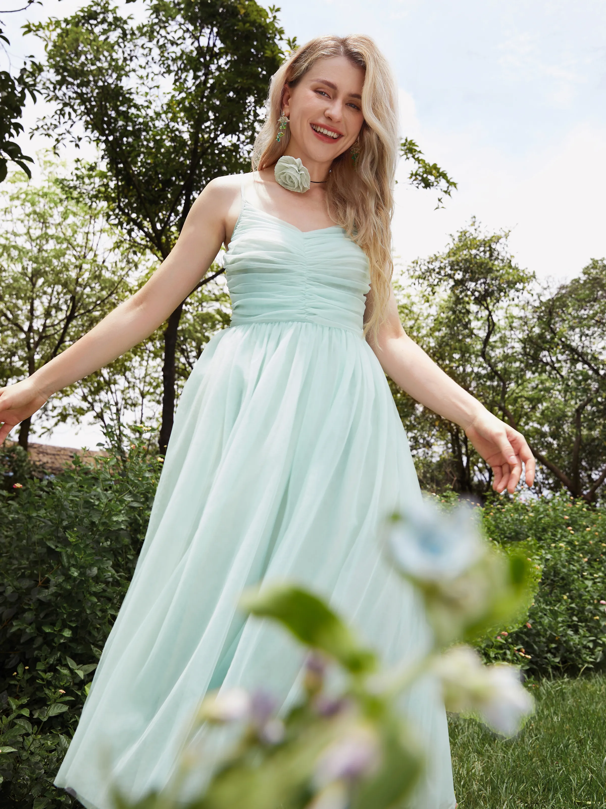 

Mommy and Me Green Ruched Smocked Back Tiered Tulle Strap Dress