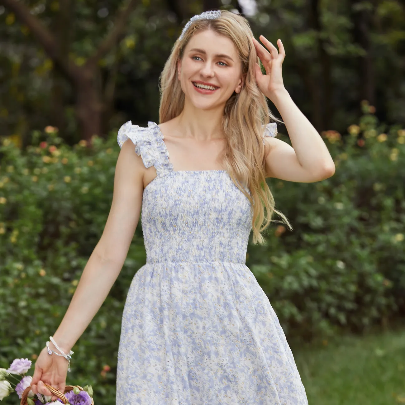 Mommy and Me Ditsy Flower Floral Square Neck Shirred Bodice Strap Tiered Dress