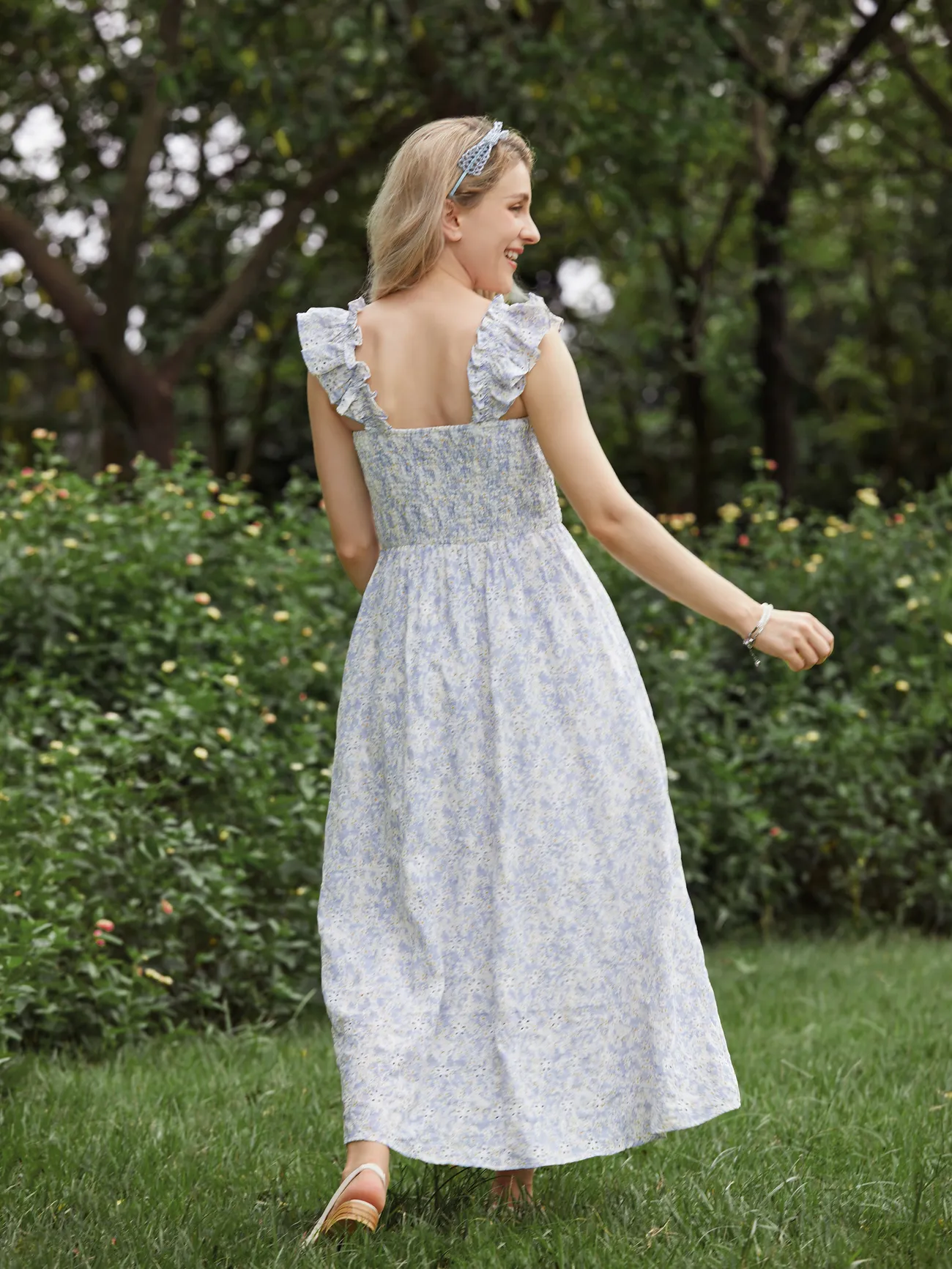 Women - Mommy Me Dresses Ditsy Floral - Shirred Strap Dress for Wedding Guest - bluishviolet - image 4
