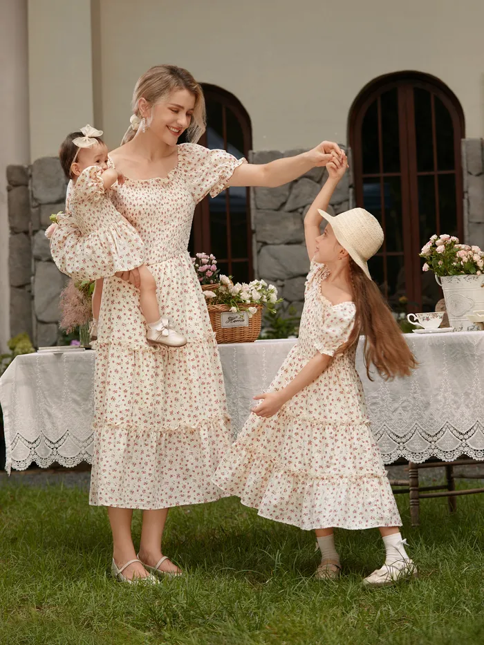 Mommy and Me Ditsy Floral Shirred Bodice Tiered Ruffle Trim Dress 