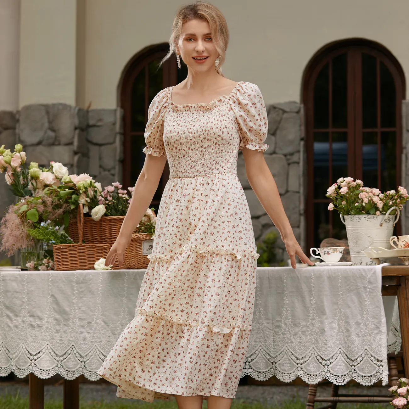 Mommy and Me Ditsy Floral Shirred Bodice Tiered Ruffle Trim Dress