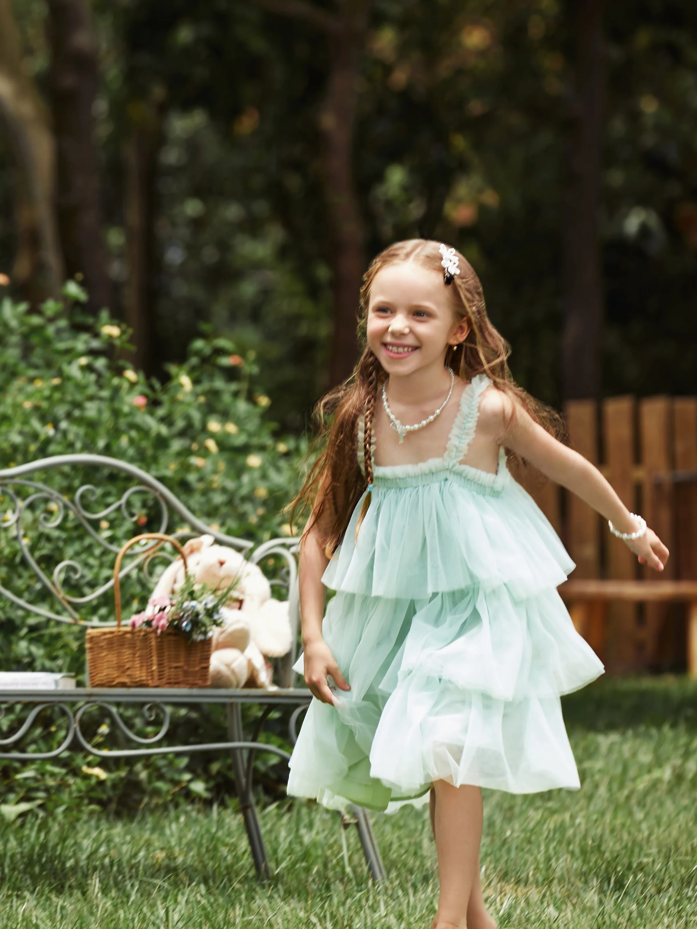 

Mommy and Me Green Ruched Smocked Back Tiered Tulle Strap Dress