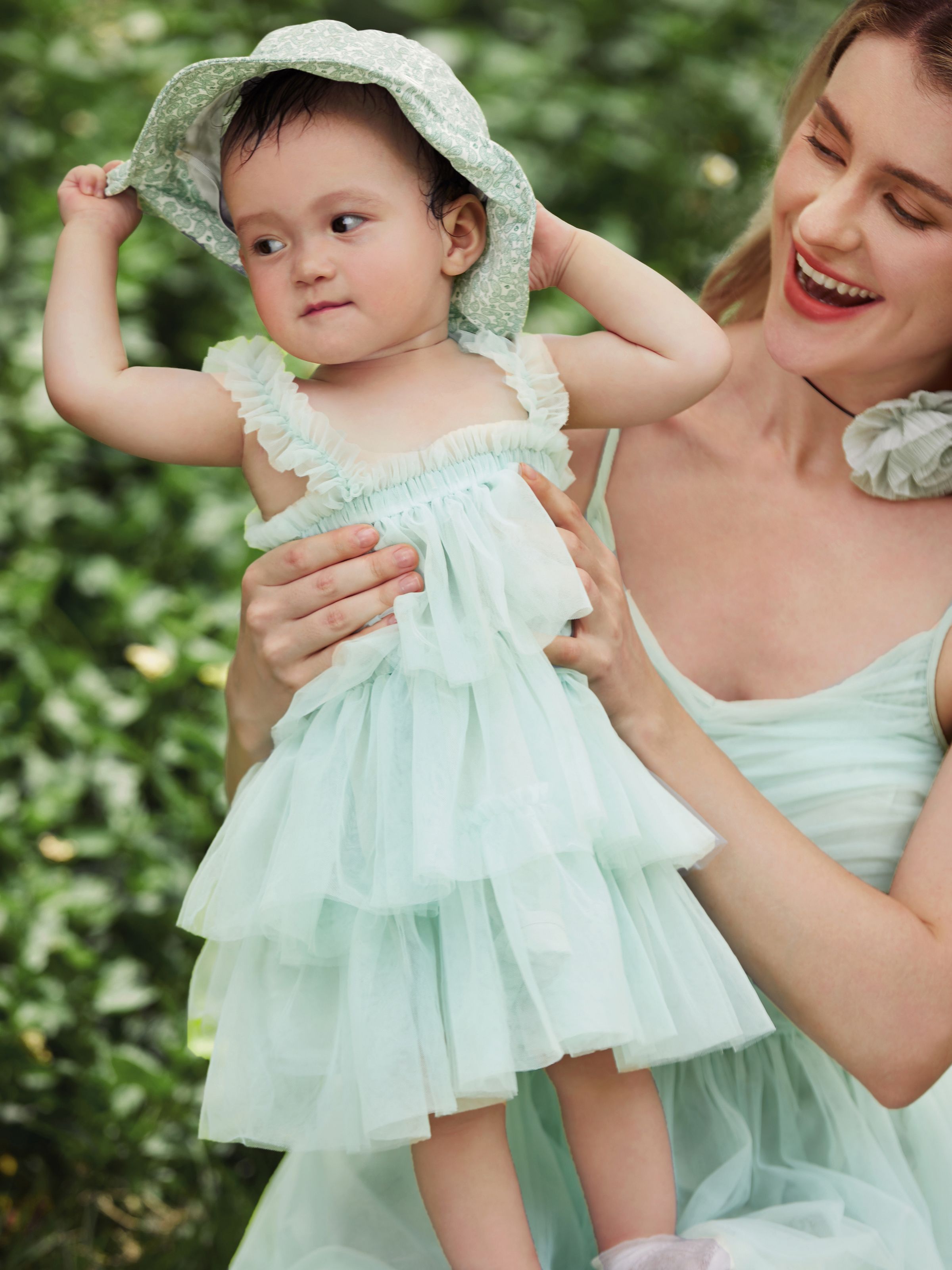 

Mommy and Me Green Ruched Smocked Back Tiered Tulle Strap Dress