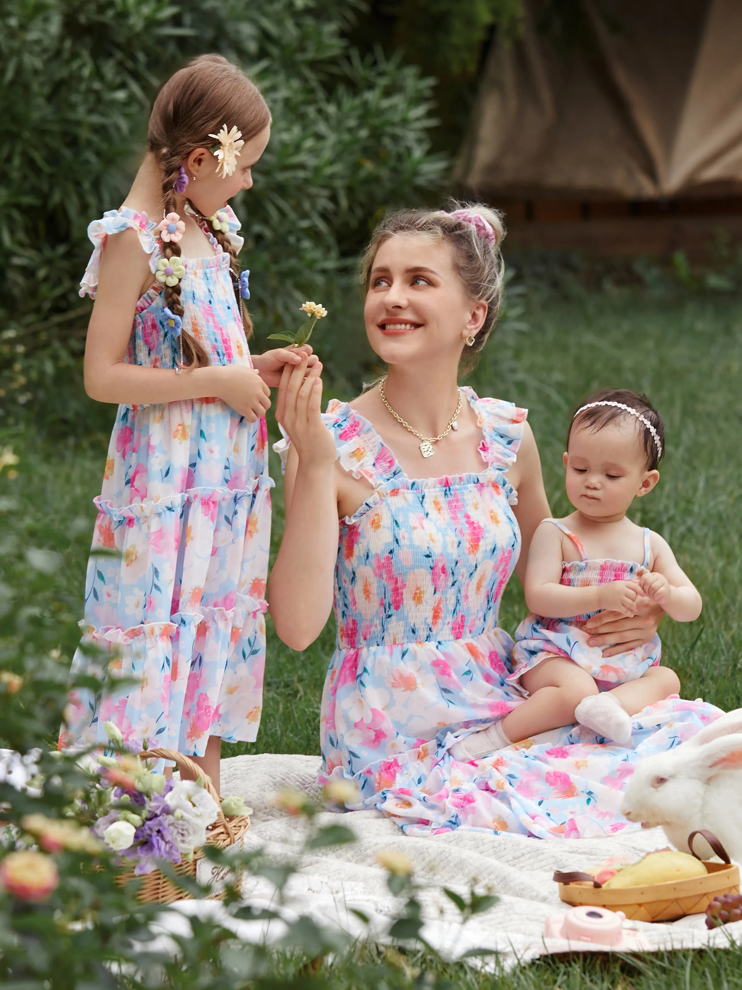 

Mommy and Me Vibrant Floral Smocked Top Tiered Flutter Strap Dress