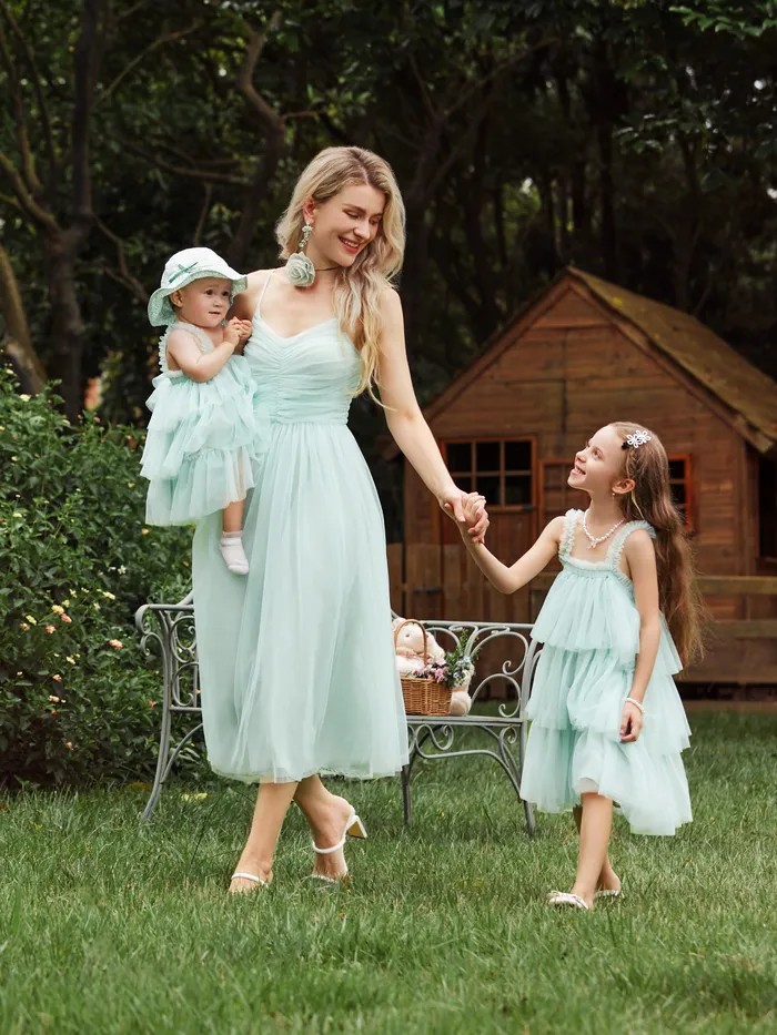 Mommy and Me Green Ruched Smocked Back Tiered Tulle Strap Dress