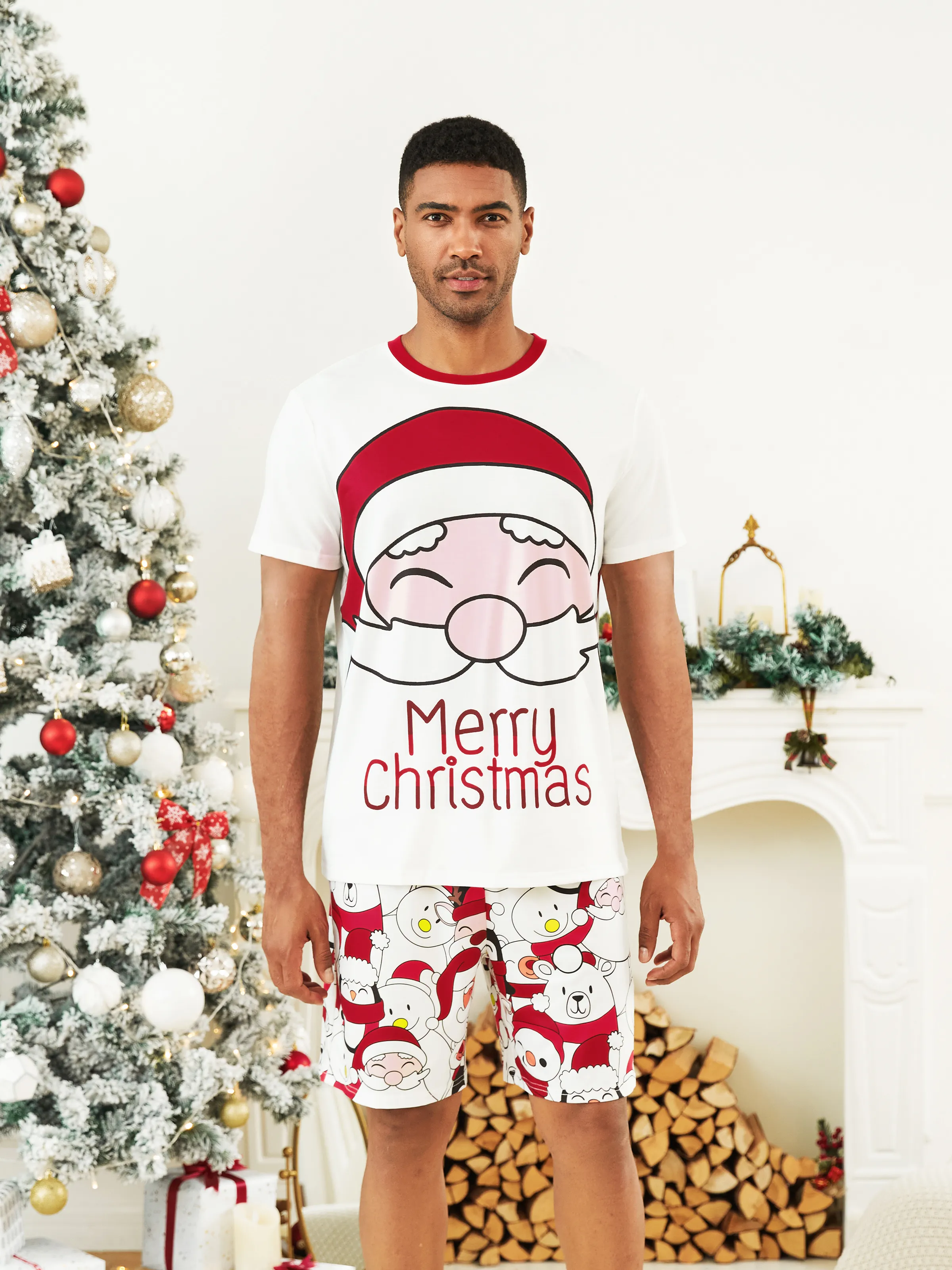 

Christmas Santa and Snowman Print Family Matching Short-sleeve Tops and Shorts Pajamas Sets (Flame Resistant)